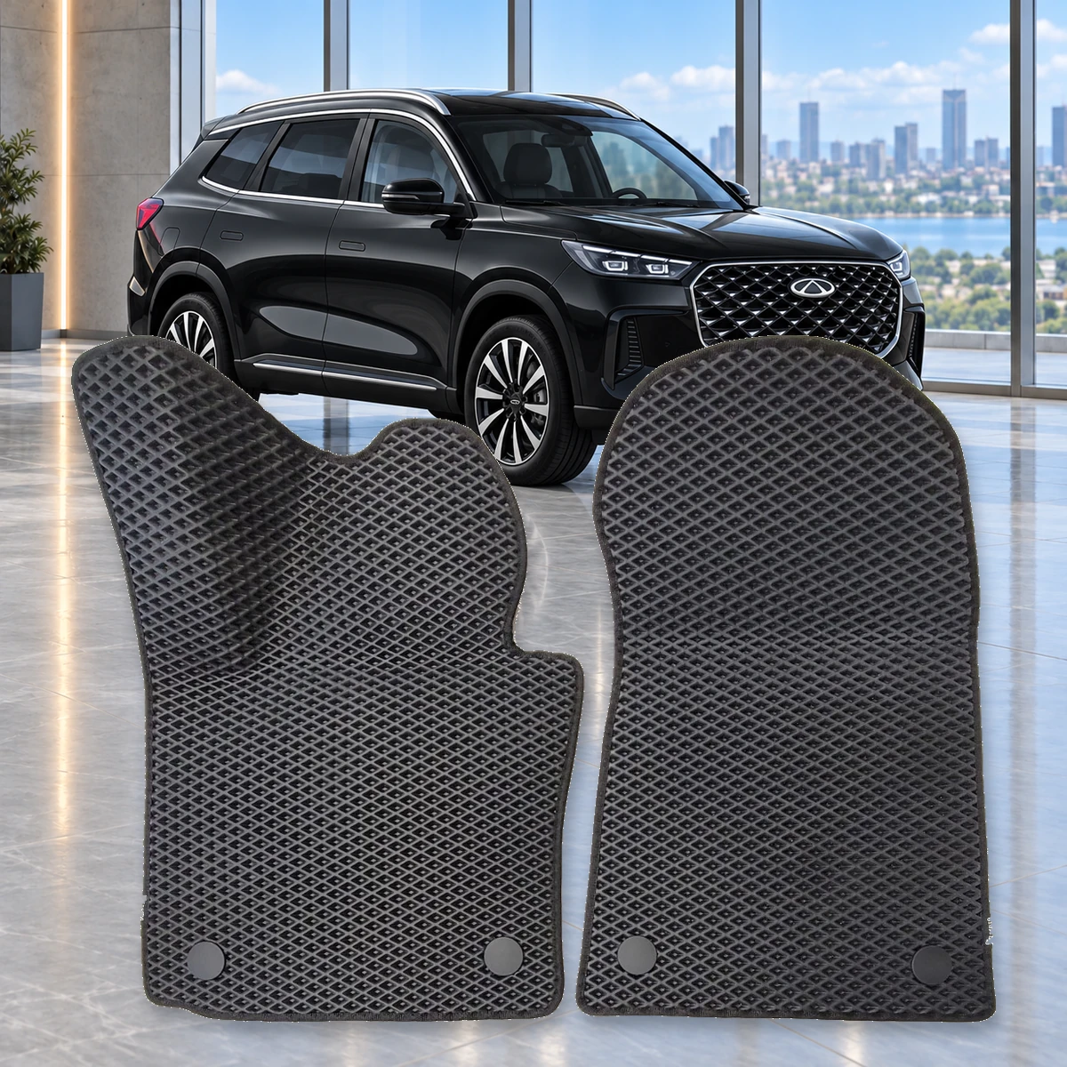Dywaniki samochodowe EVA RENZO do Chery Tiggo 8 PHEV 2025 – dwa przednie dywaniki na tle czarnego auta